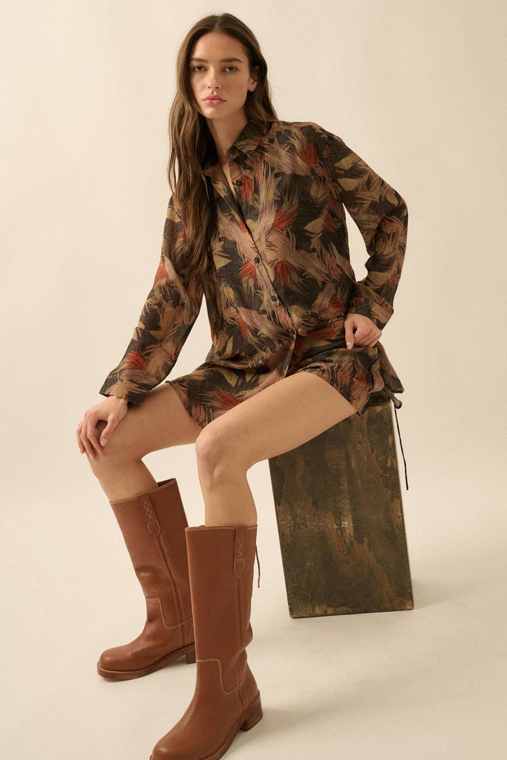 Abstract-Print Belted Button-Up Shirt Romper