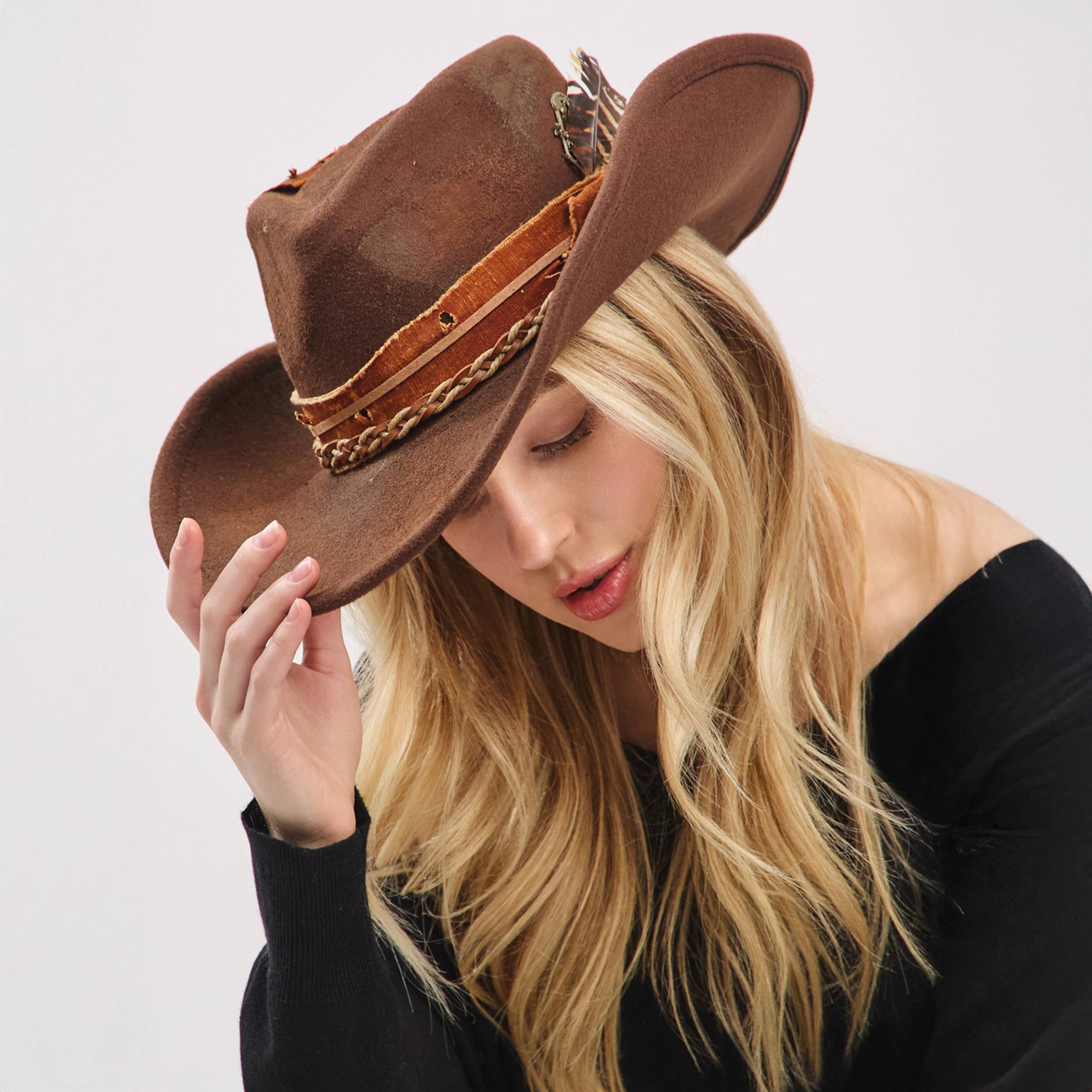 Distressed Band with Feather Cowgirl Fedora Hat