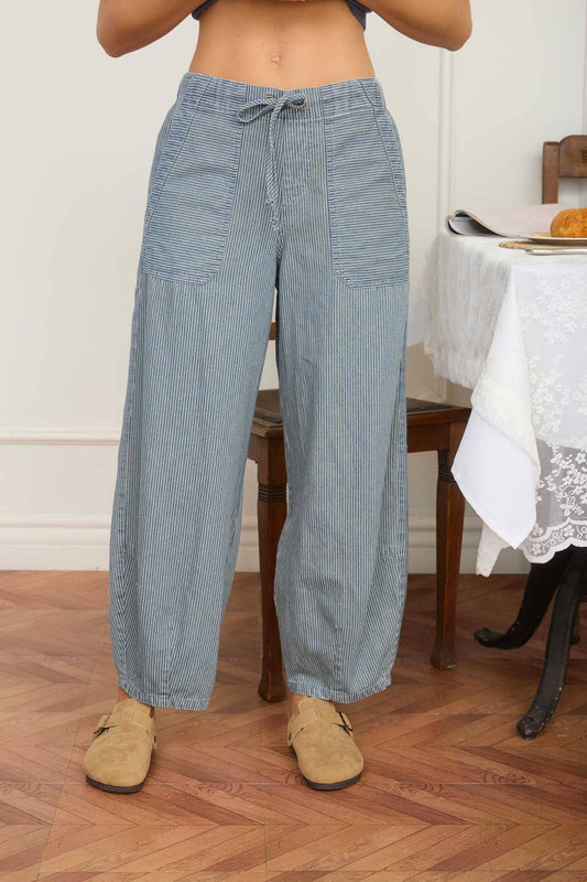 STRIPE DENIM WAIST TIE PARACHUTE PANTS
