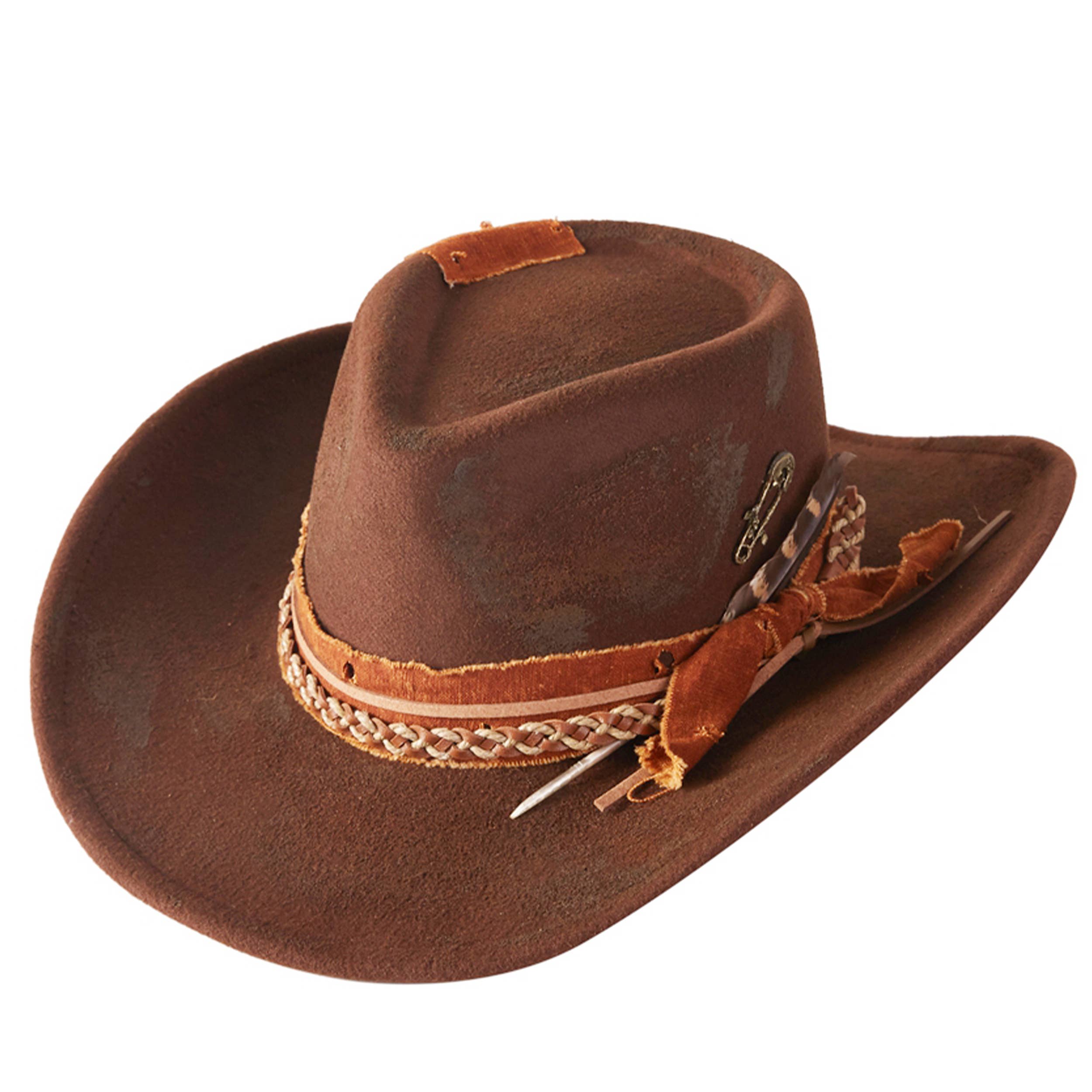 Distressed Band with Feather Cowgirl Fedora Hat