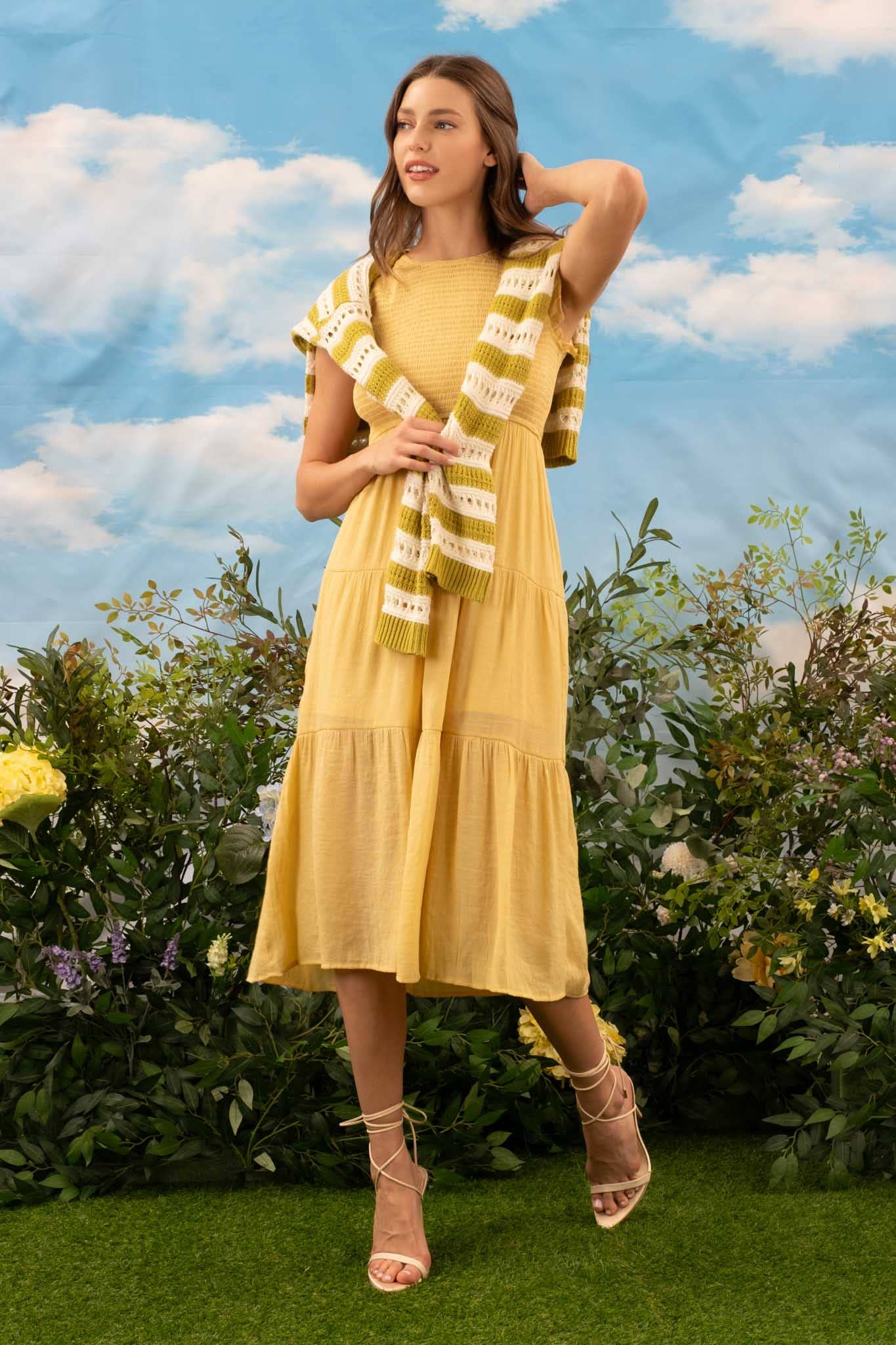SMOCKED TIERED MIDI DRESS: DUSTY YELLOW