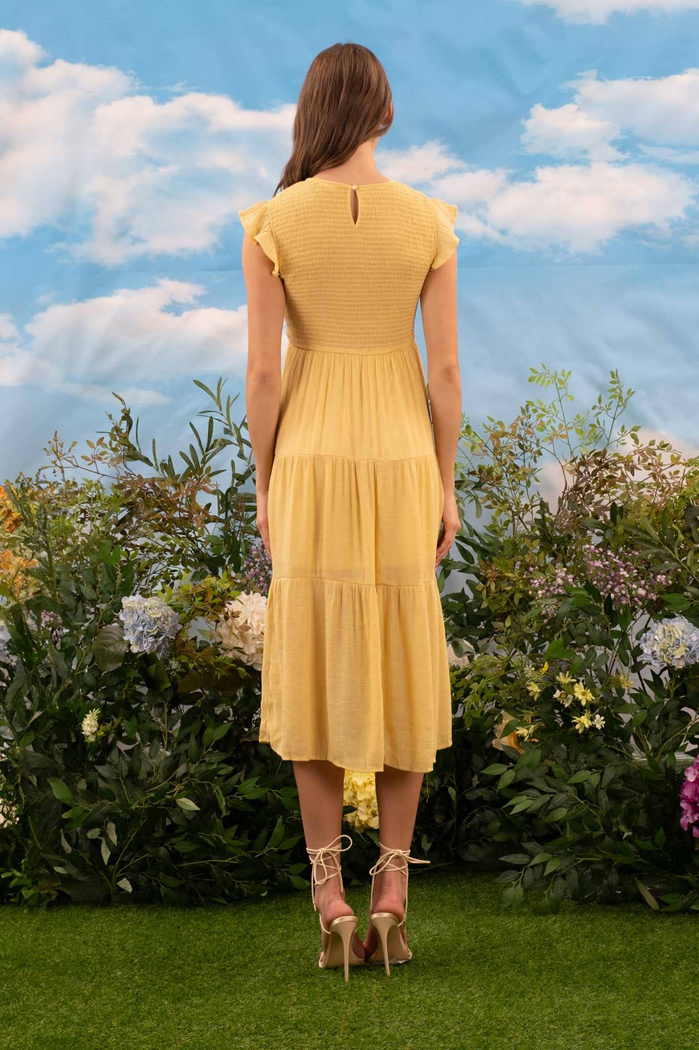 SMOCKED TIERED MIDI DRESS: DUSTY YELLOW