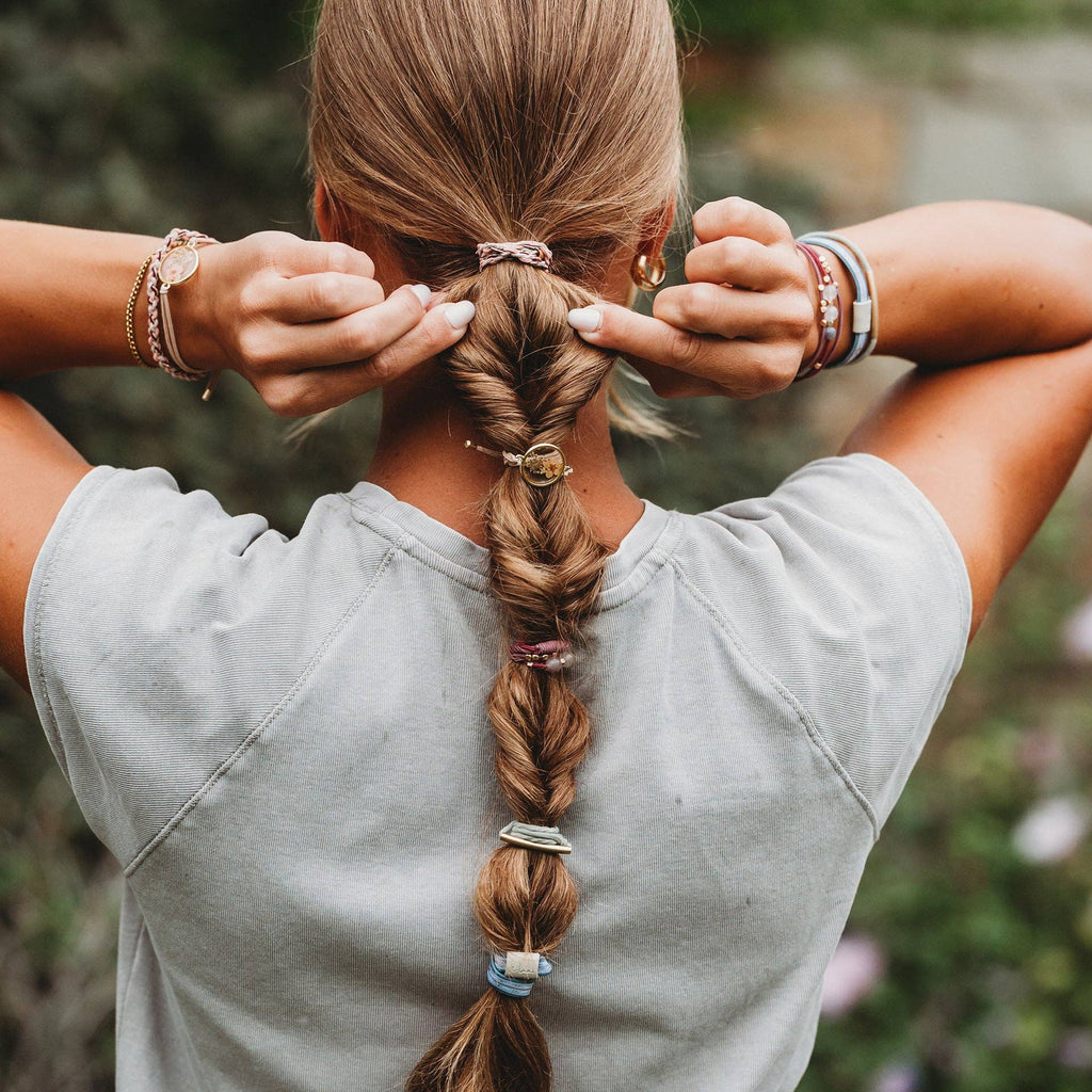 K'lani hair tie bracelets - "Bloom" Maroon and Pink with Pressed Flowers Hair Tie Bracelets
