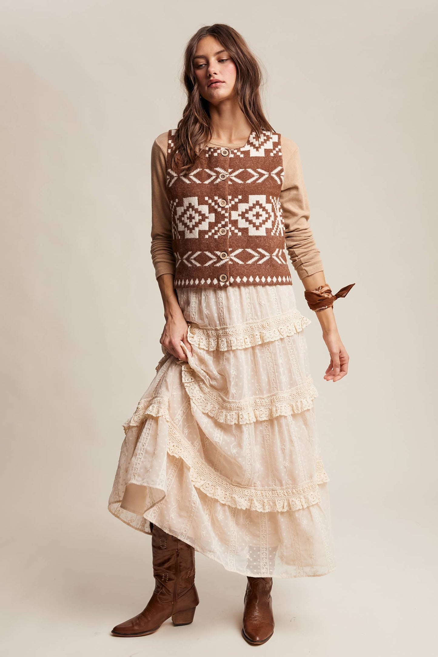 Listicle - Southwestern Button-Up Wool Vest: Amber Brown / M