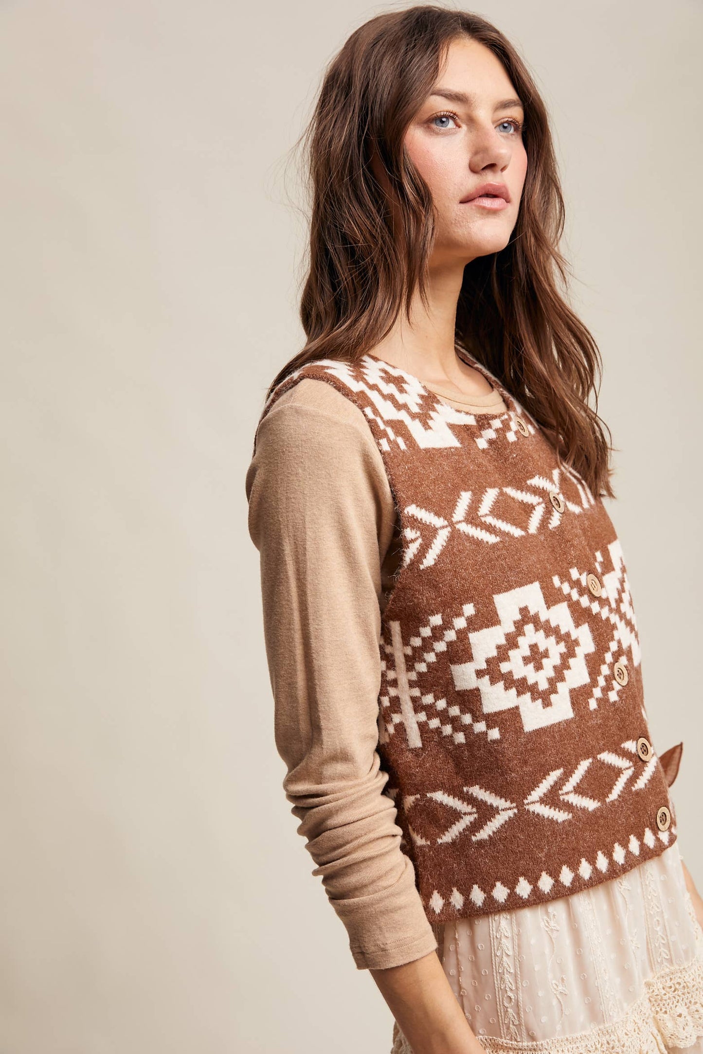Listicle - Southwestern Button-Up Wool Vest: Amber Brown / M