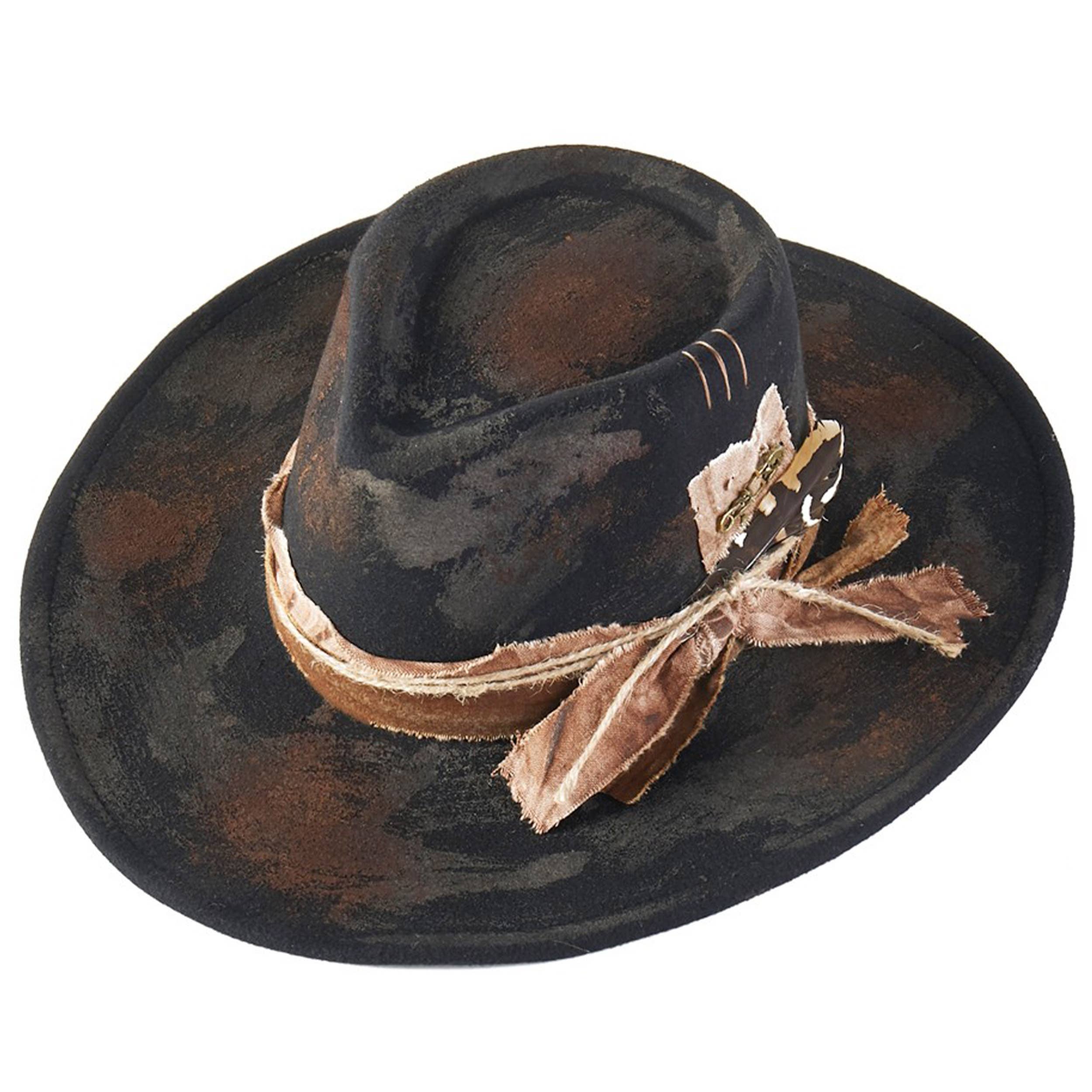 Distressed Fabric Band Rustic Cowgirl Fedora Hat