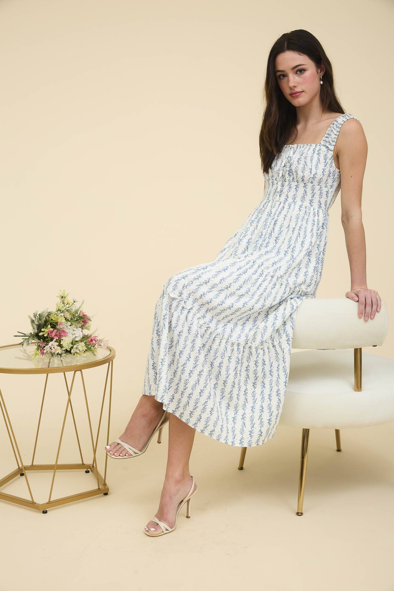 FLORAL STRIPE RUFFLE DETAIL MAXI DRESS: BLUE MULTI