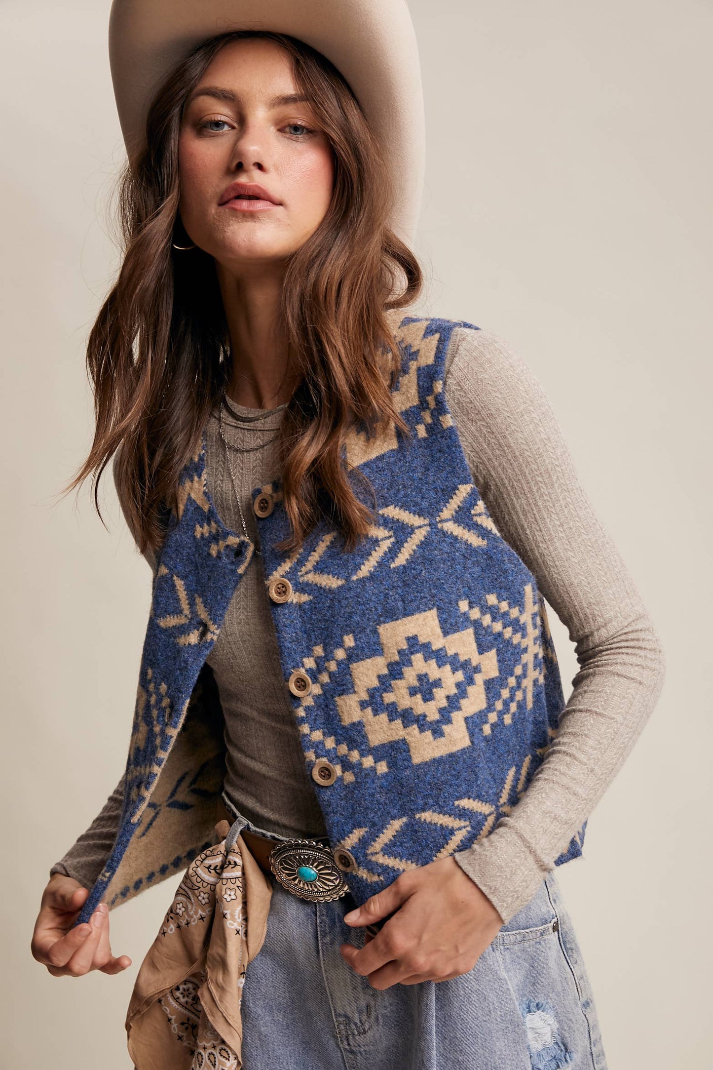 Listicle - Southwestern Button-Up Wool Vest: Amber Brown / M