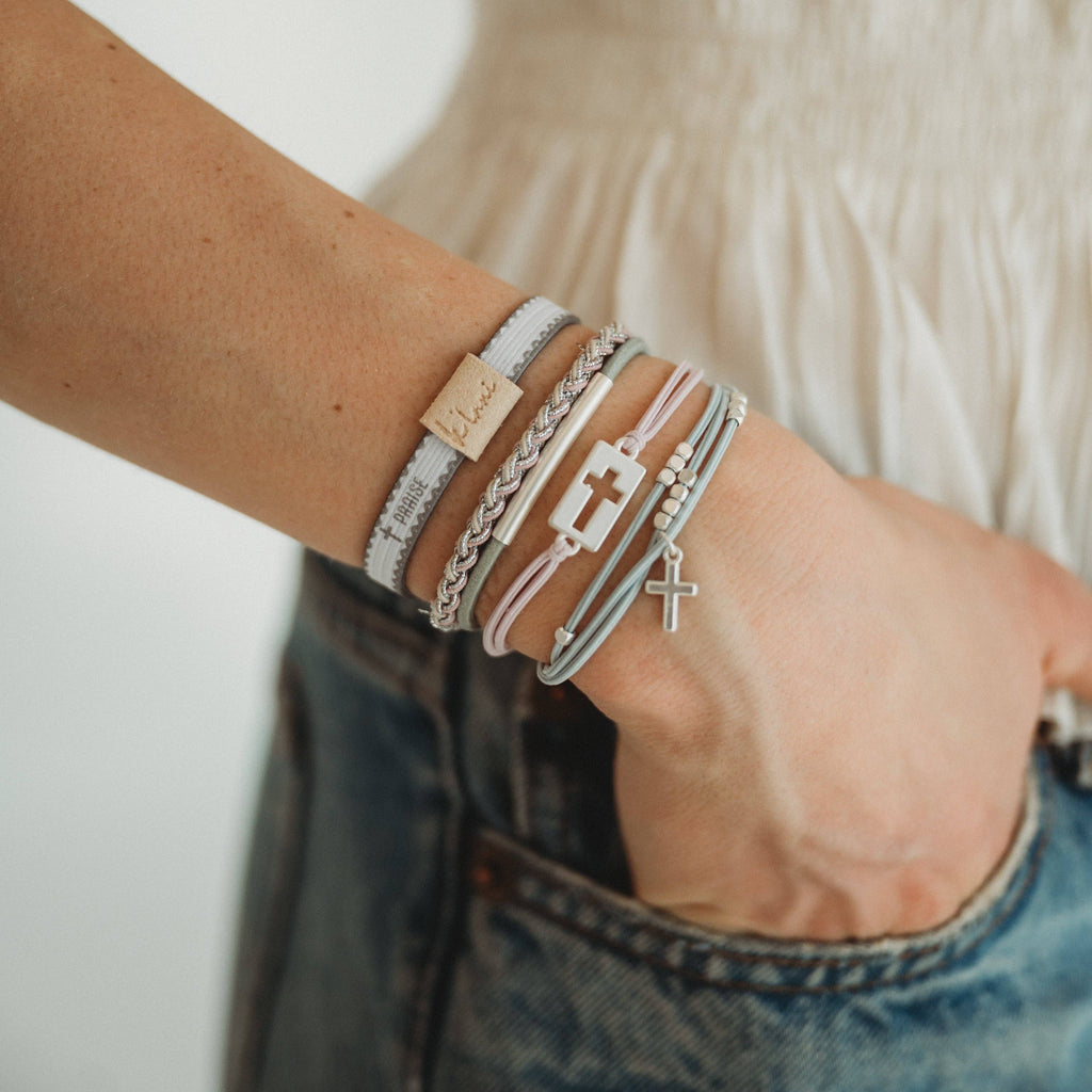 K'lani hair tie bracelets - "Praise" Silver Cross with muted Pastels Hair Tie Bracelets