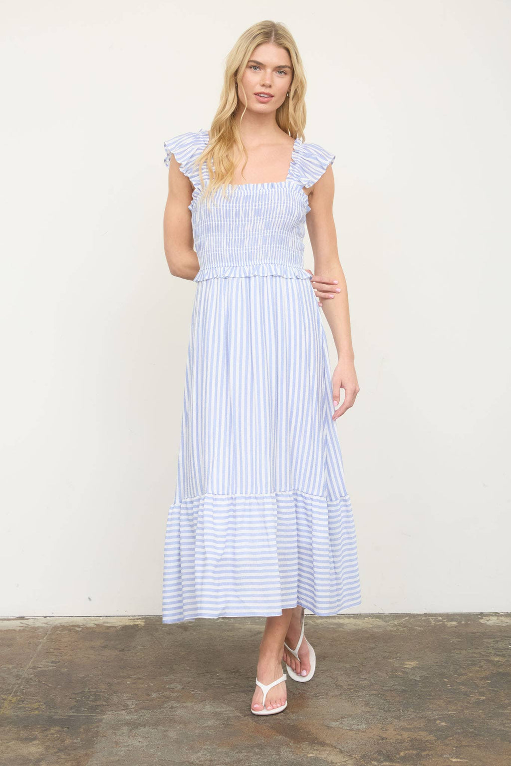 STRIPE SMOCKED RUFFLE TRIM MIDI DRESS