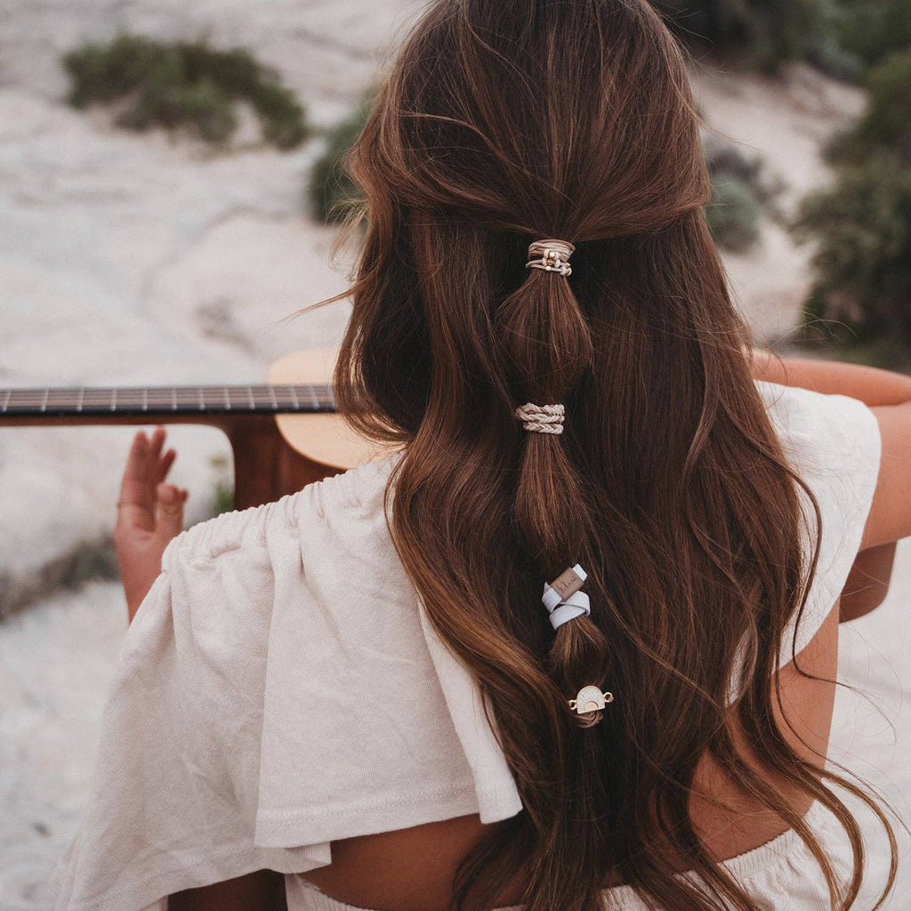 K'lani hair tie bracelets - "Rise" Cream and Tan With Gold and Sun Accents Hair Tie Bracelets