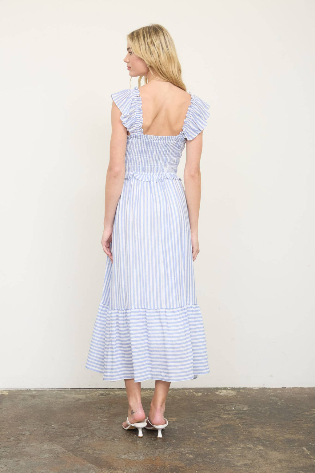STRIPE SMOCKED RUFFLE TRIM MIDI DRESS
