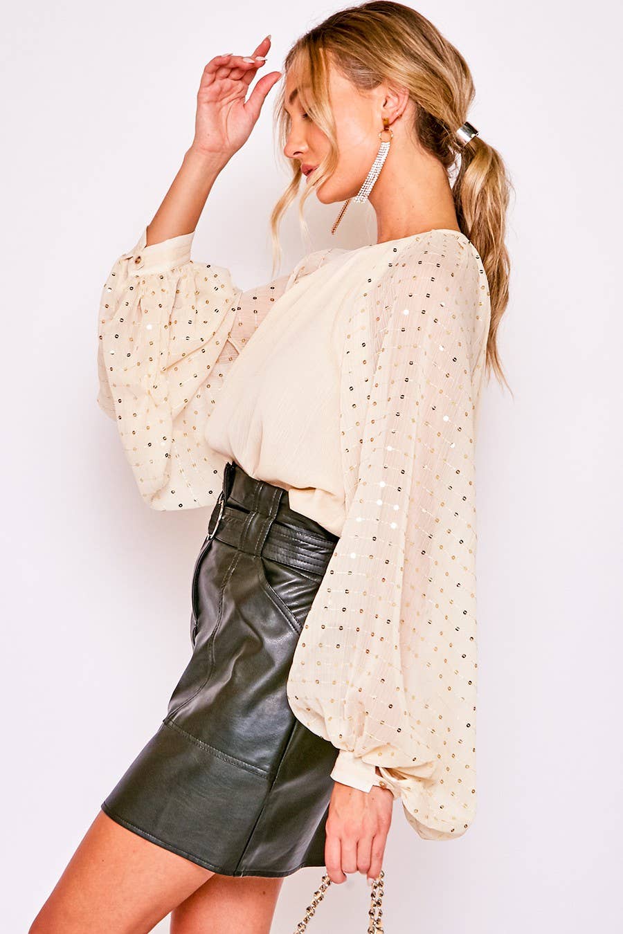 Sequin Long Balloon Sleeve Crinkle Chiffon Blouse