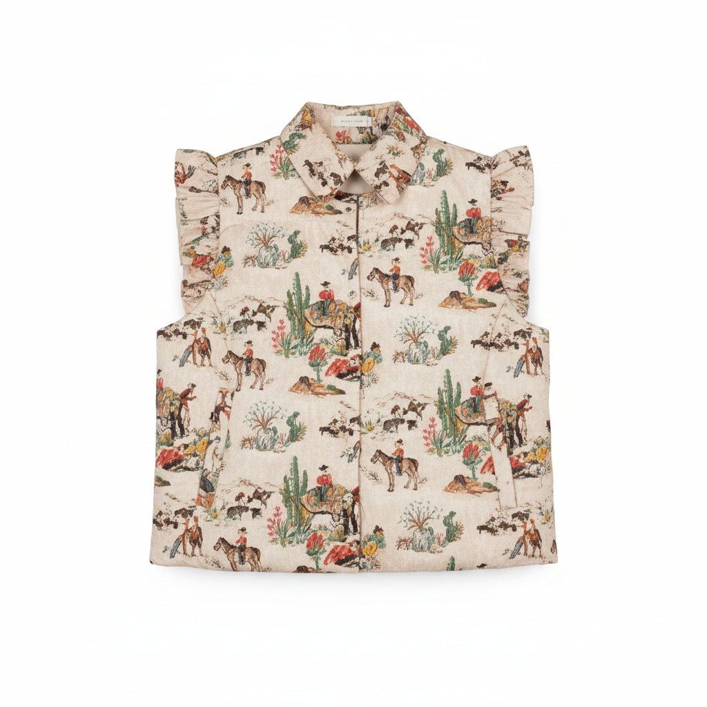 TAUPE WAGON WHEEL RUFFLE VEST