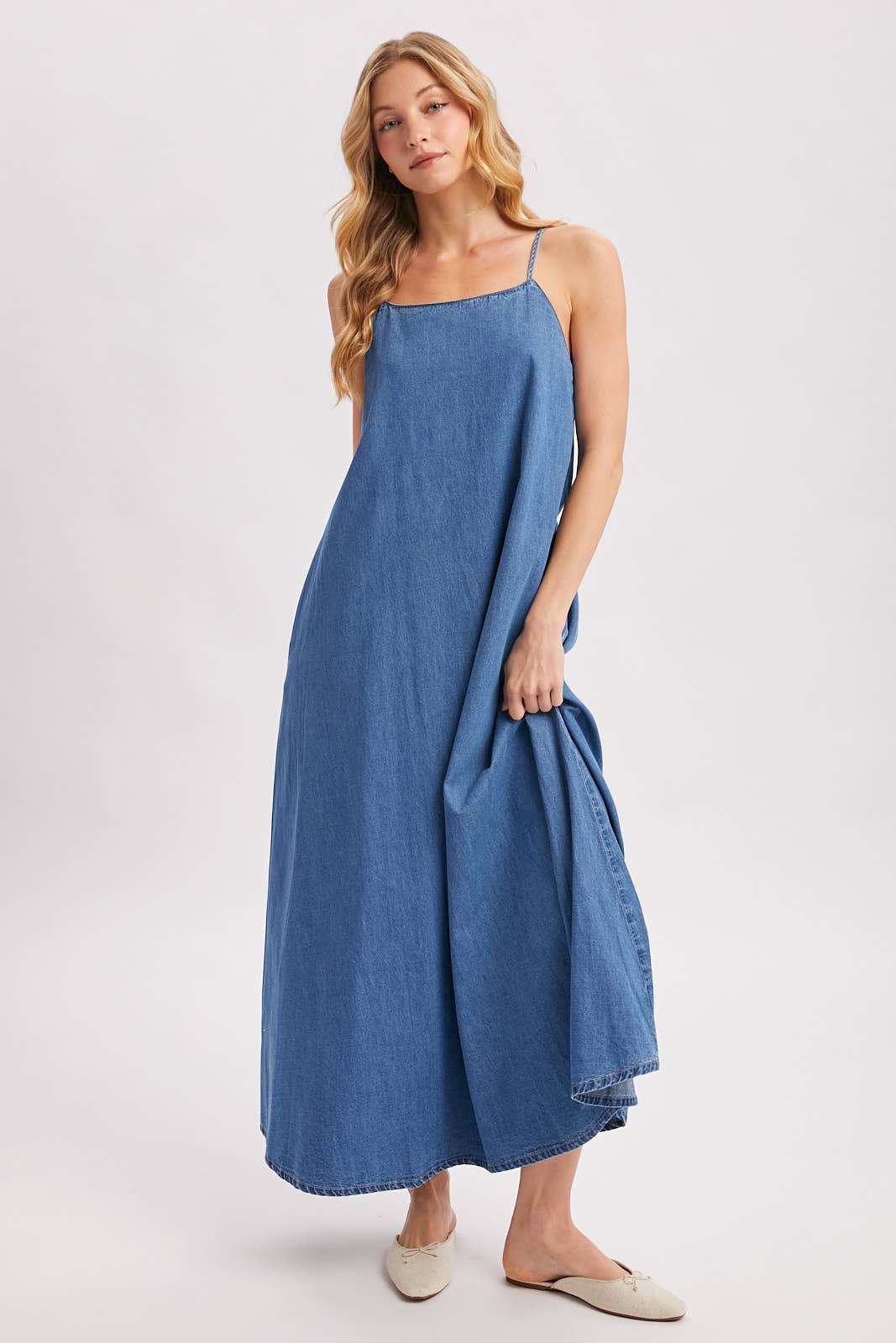 DENIM OPEN BACK SLEEVELESS MAXI DRESS