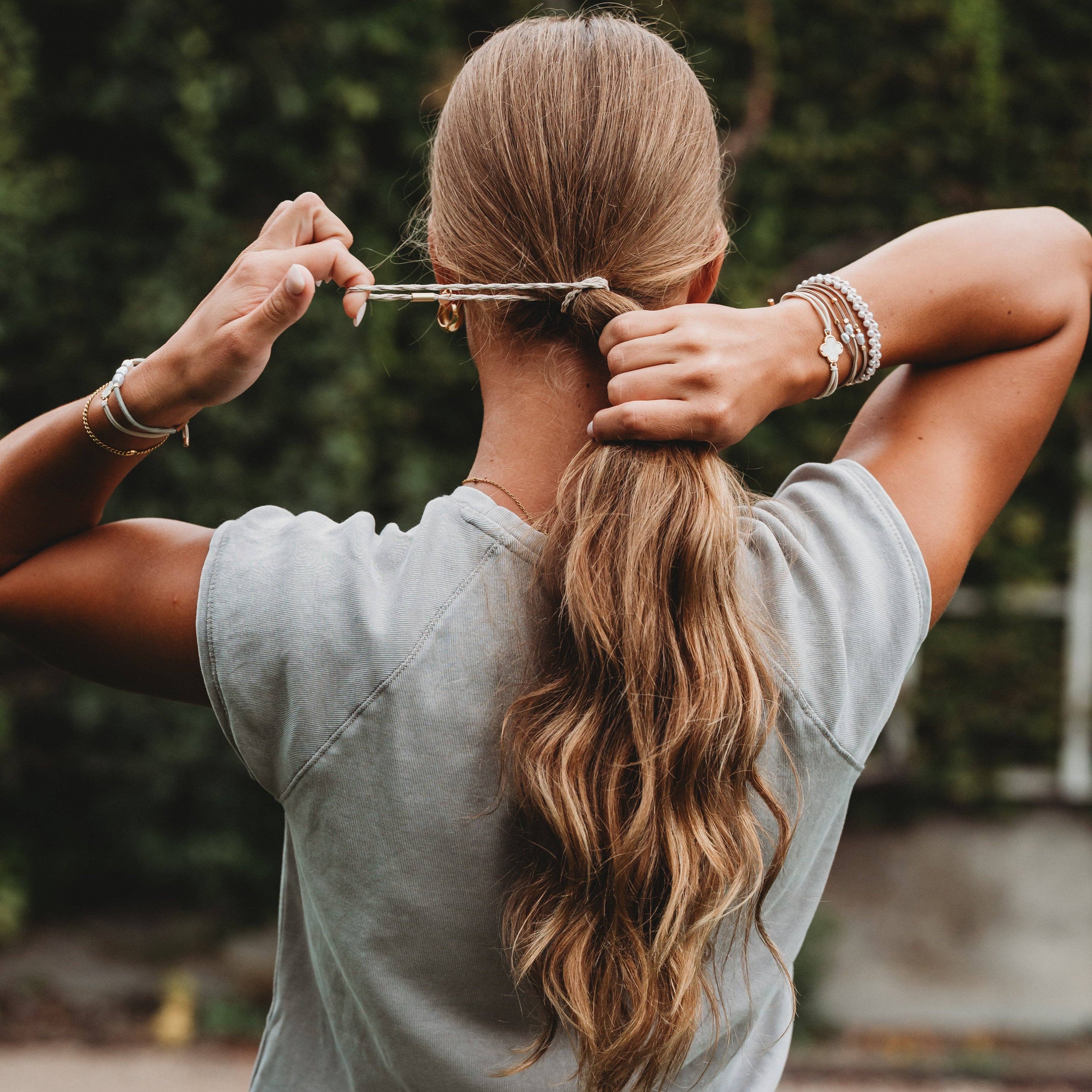 K'lani hair tie bracelets - "Glimmer" Soft Pinks with Pearl and Gold Accent Hair Tie Bracelets