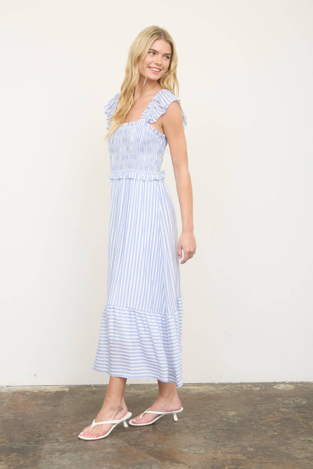 STRIPE SMOCKED RUFFLE TRIM MIDI DRESS
