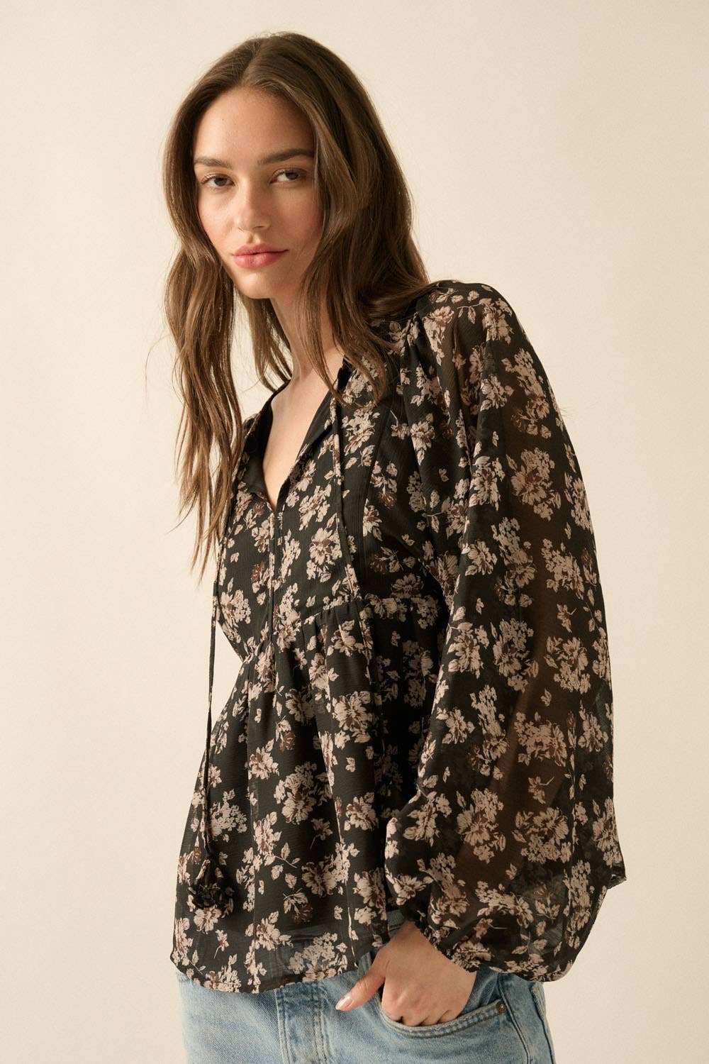 Floral Chiffon Tie-Neck Babydoll Peasant Top