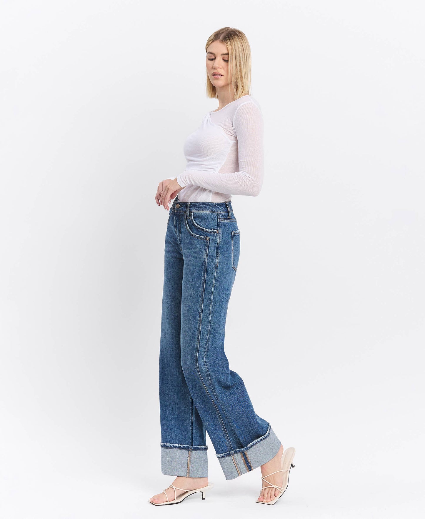 VERVET by FLYING MONKEY - HIGH RISE CUFFED PANEL BAGGY WIDE JEANS T6645