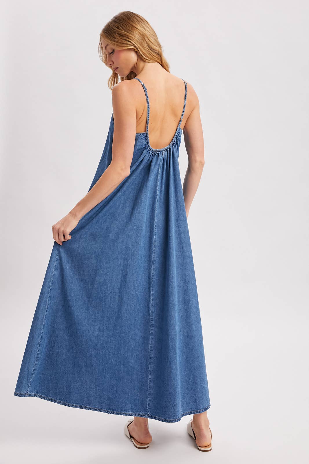 DENIM OPEN BACK SLEEVELESS MAXI DRESS
