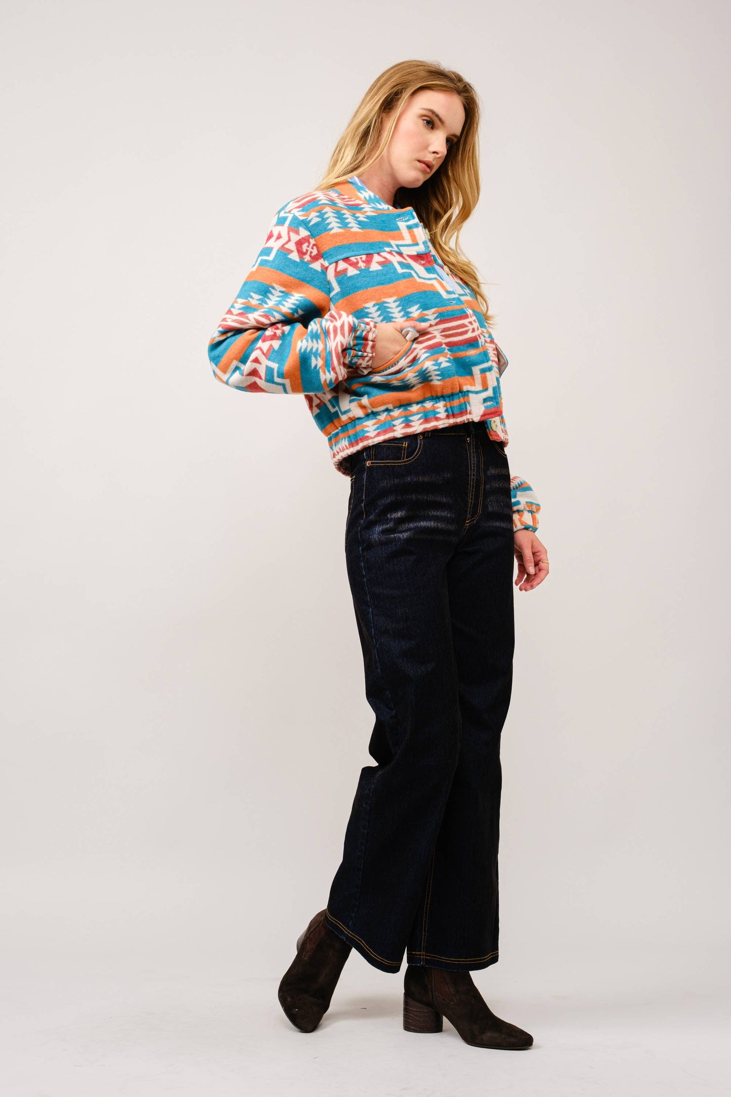 Jacquard Aztec Snap Up Bomber Jacket: