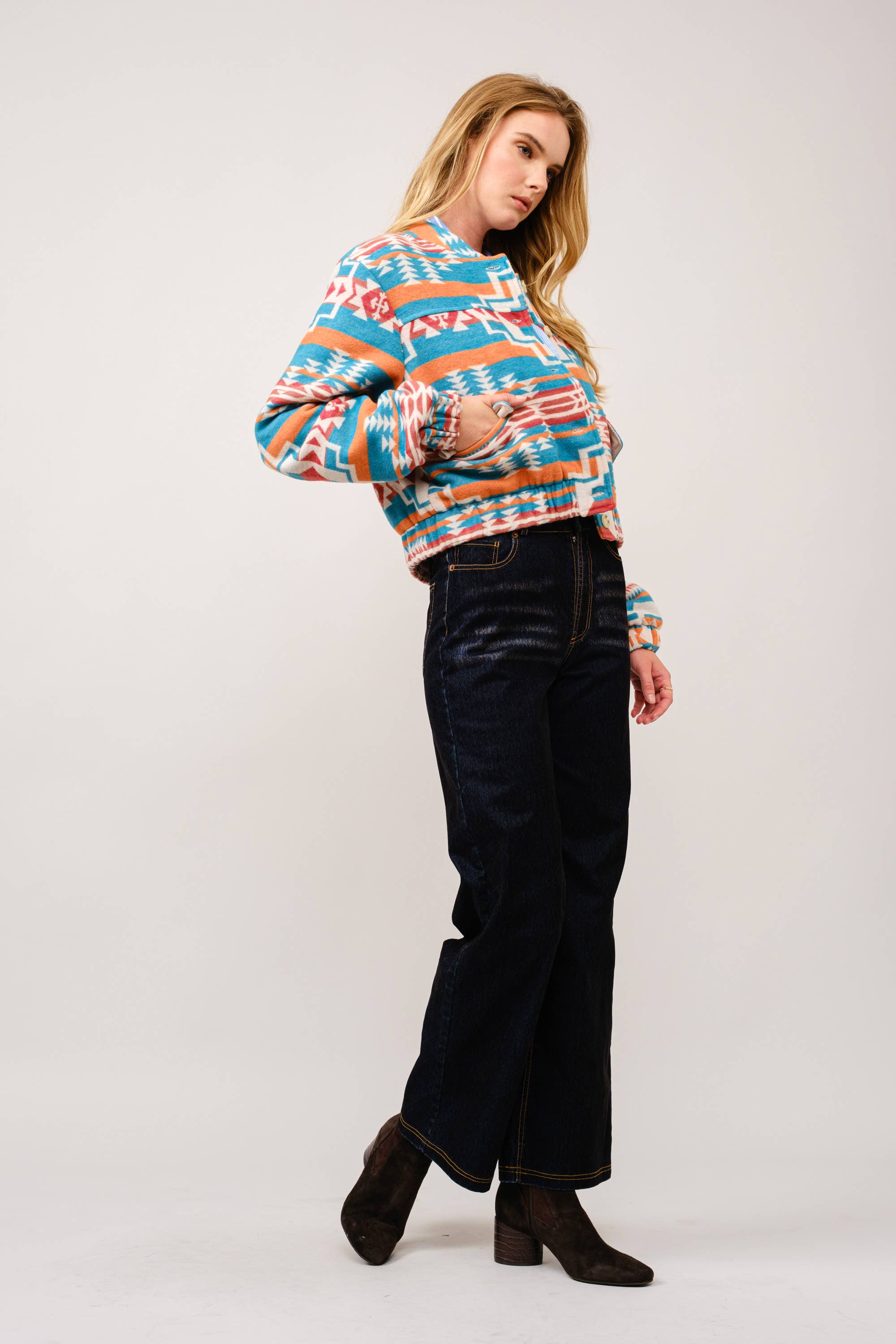 Jacquard Aztec Snap Up Bomber Jacket: