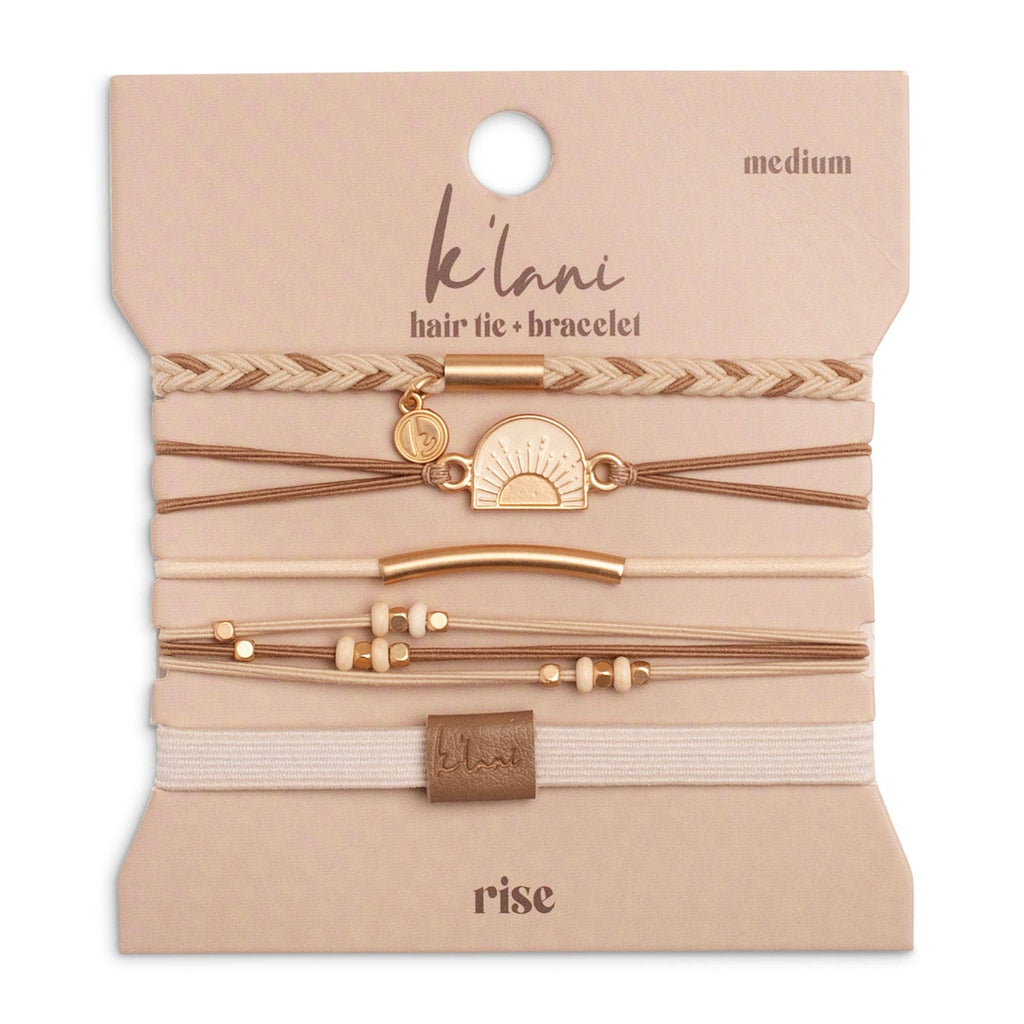 K'lani hair tie bracelets - "Rise" Cream and Tan With Gold and Sun Accents Hair Tie Bracelets