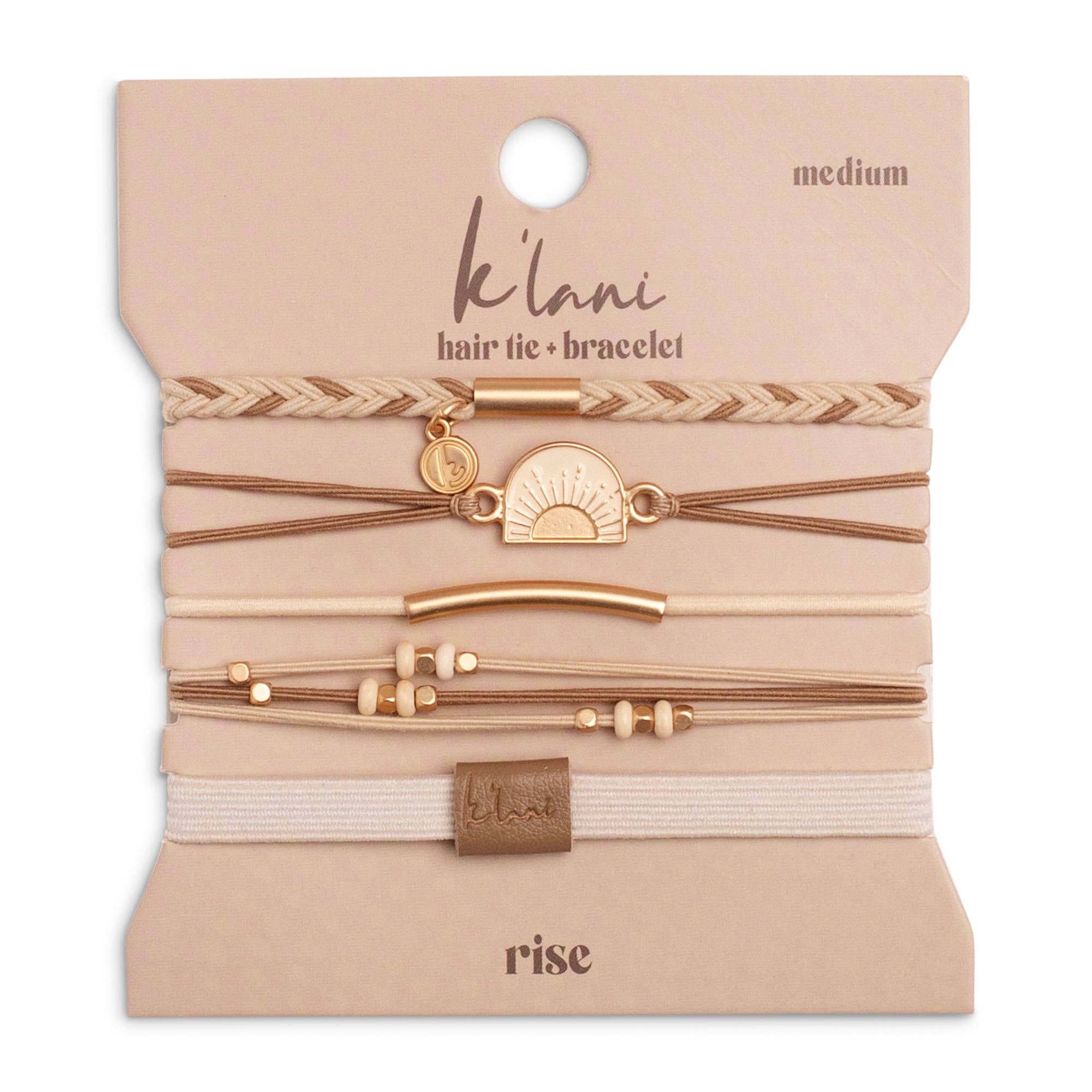 K'lani hair tie bracelets - "Rise" Cream and Tan With Gold and Sun Accents Hair Tie Bracelets