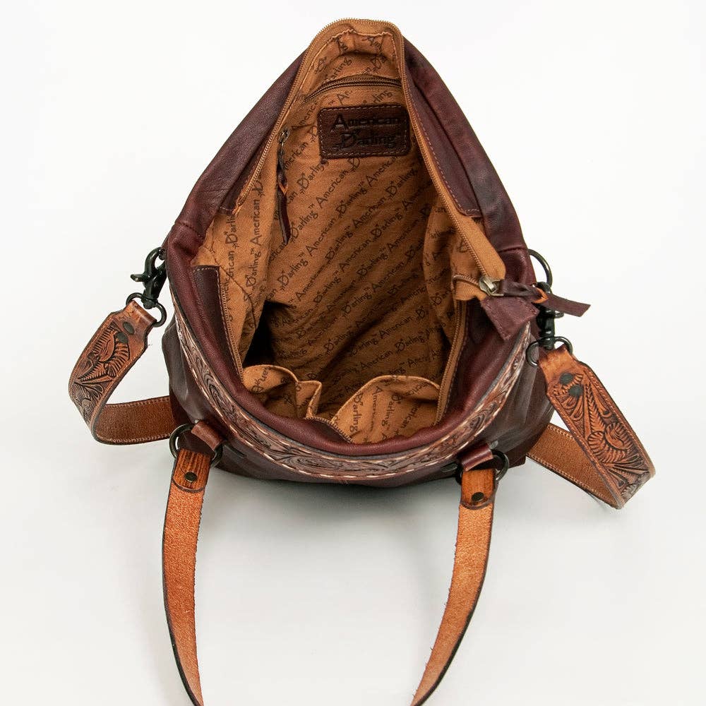 Hand-Tooled Full Leather Western Tote Bag - Wine Red with Floral Strap