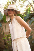 STRIPE SLEEVELESS SIDE BUTTON DETAIL TOP