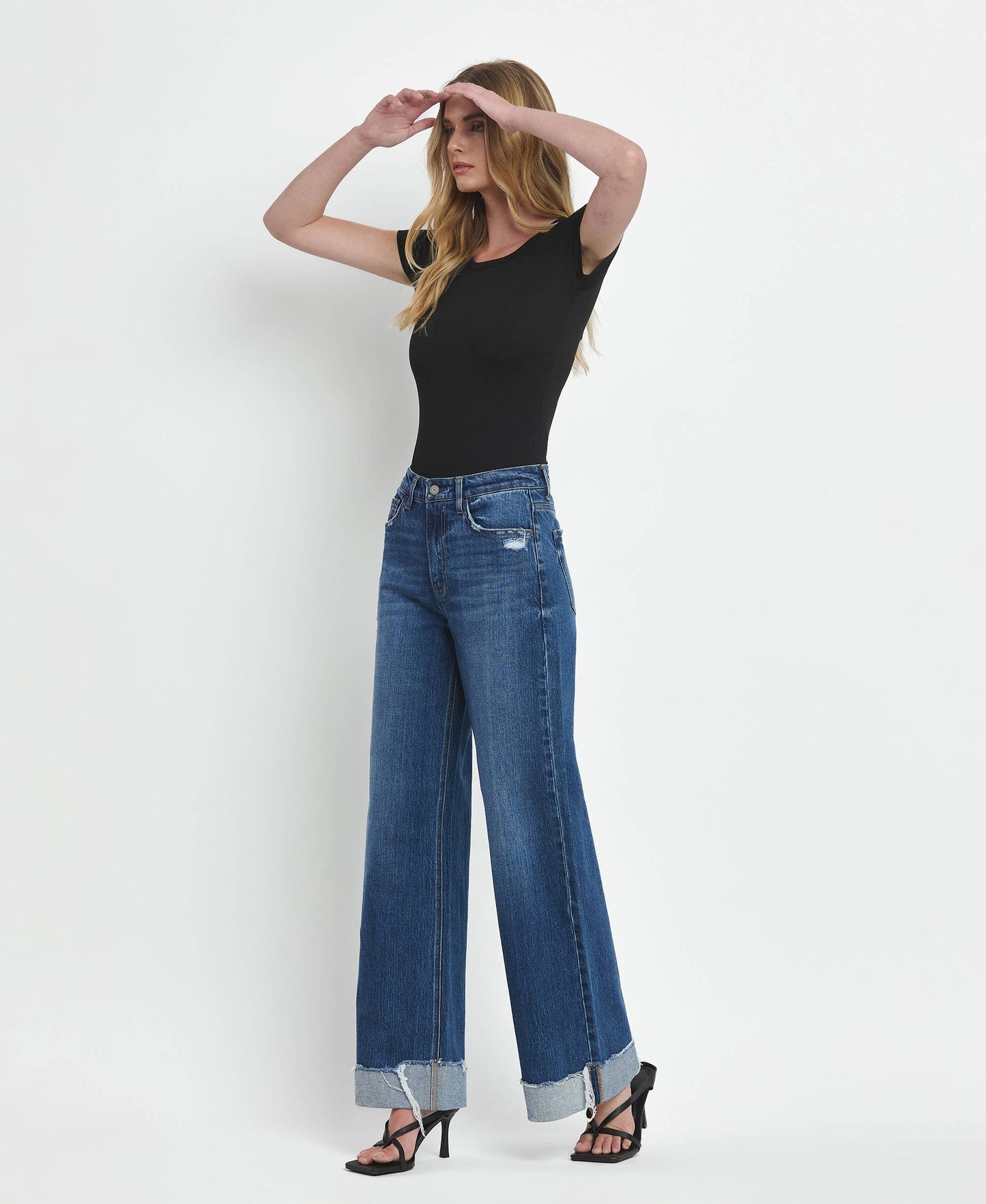 VERVET by FLYING MONKEY - SUPER HIGH RISE CUFFED BAGGY WIDE LEG JEANS T6614