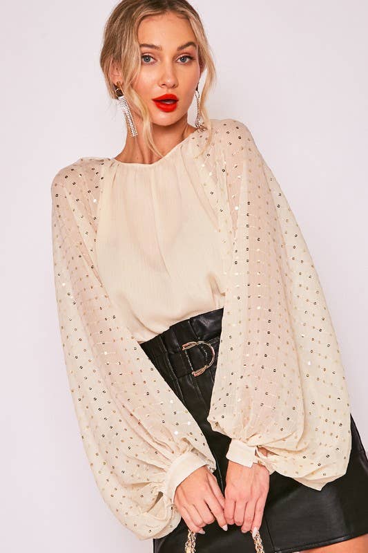 Sequin Long Balloon Sleeve Crinkle Chiffon Blouse