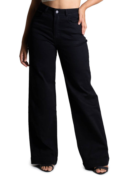 Sawary High-Waisted Wide Leg Twill Women's Pants in Black