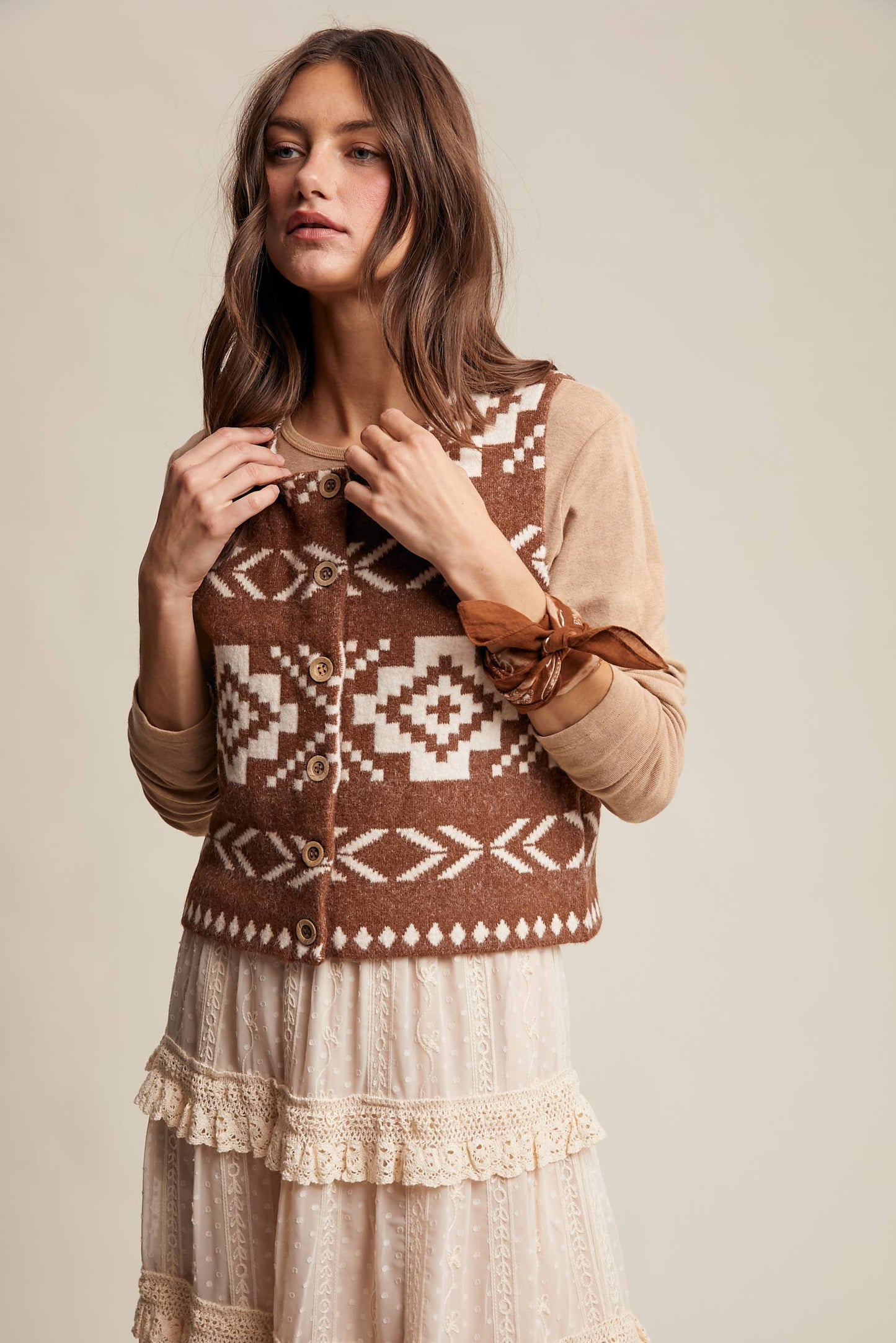 Listicle - Southwestern Button-Up Wool Vest: Amber Brown / M