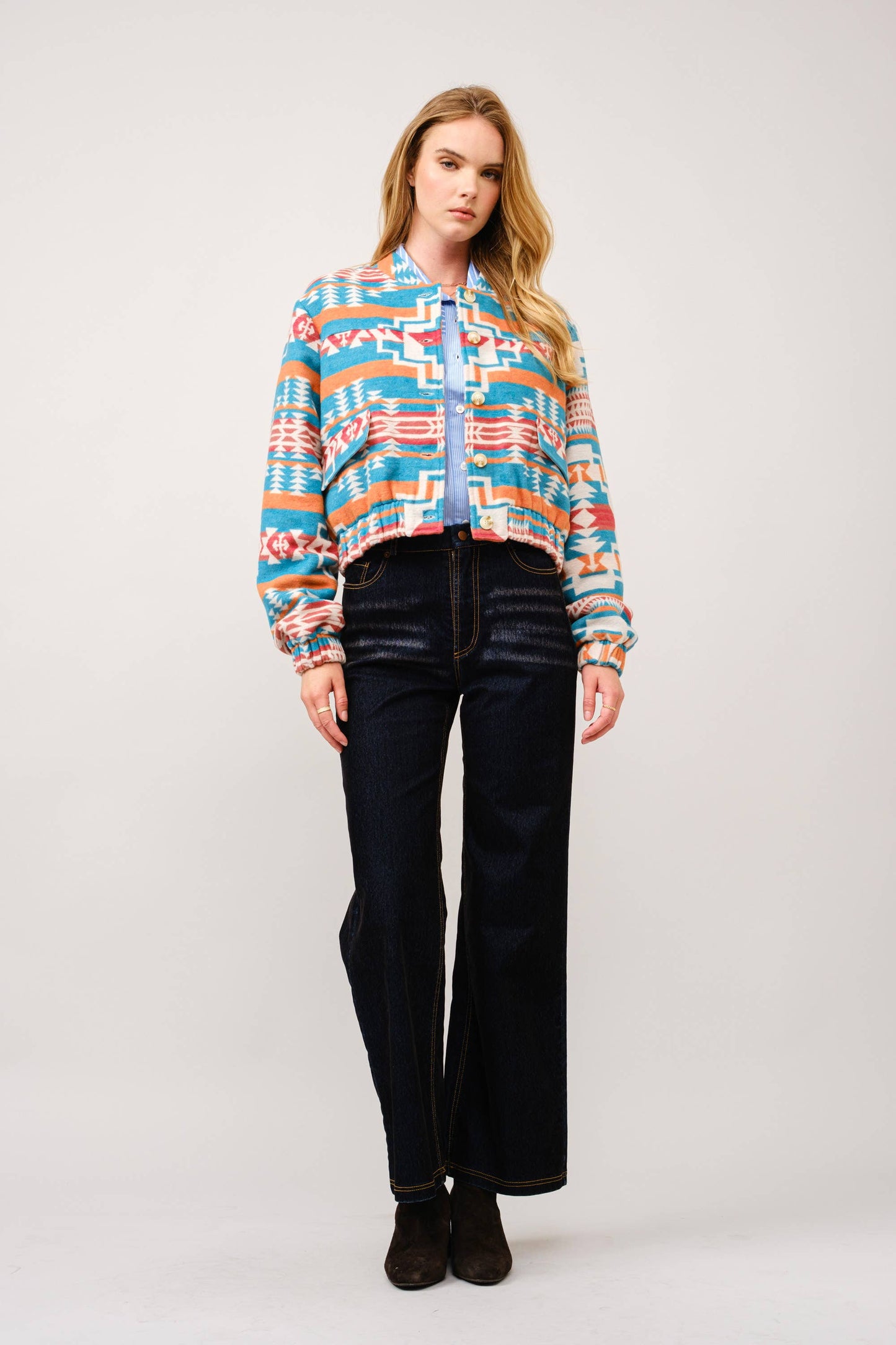 Jacquard Aztec Snap Up Bomber Jacket: