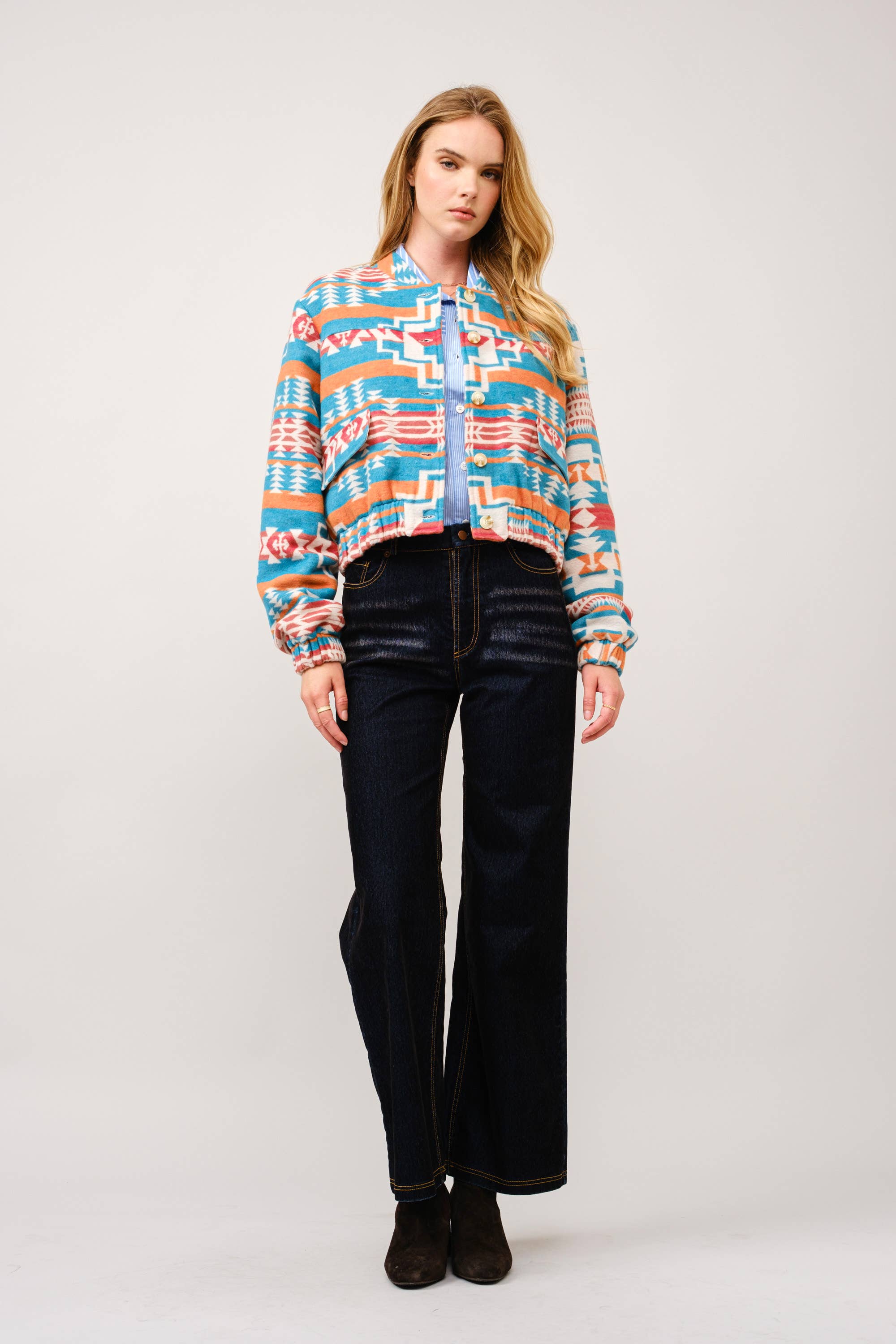 Jacquard Aztec Snap Up Bomber Jacket: