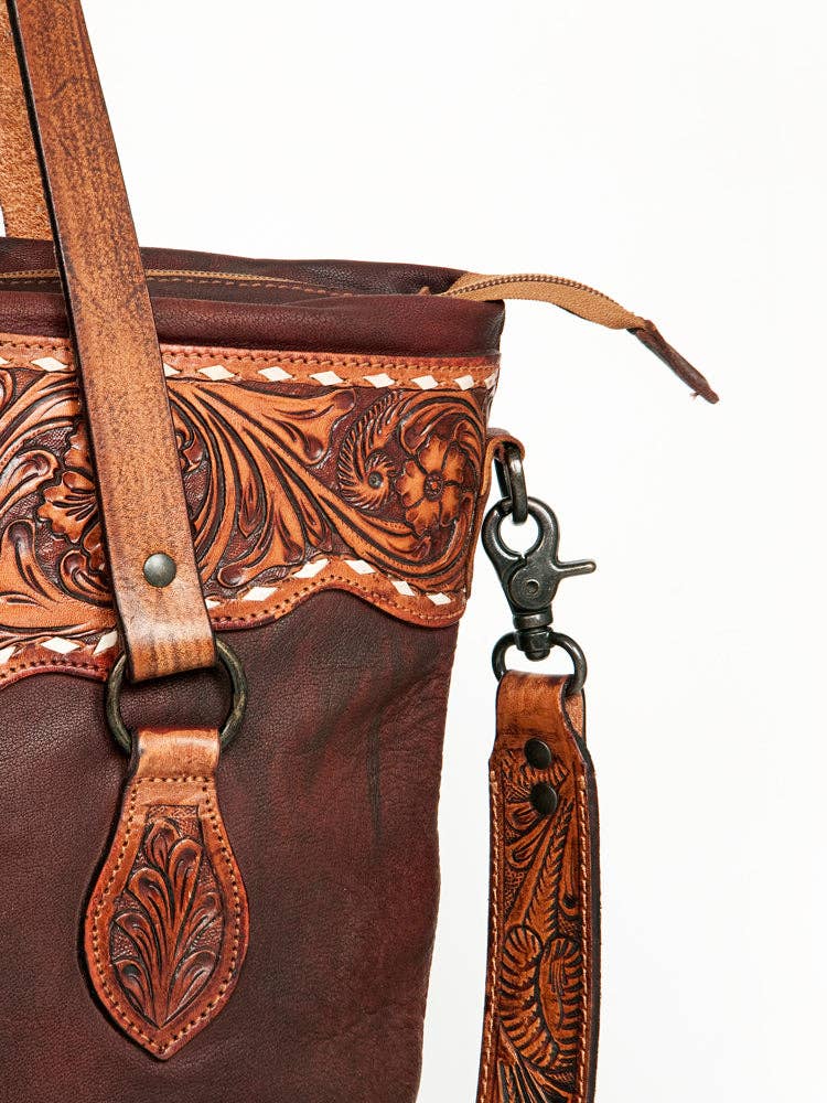Hand-Tooled Full Leather Western Tote Bag - Wine Red with Floral Strap