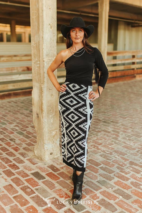 Black Ivory Aztec Knit Long Tube Skirt