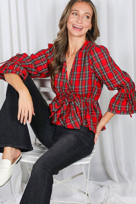 Front Tie Deep V-Neck Ruffle Plaid Top