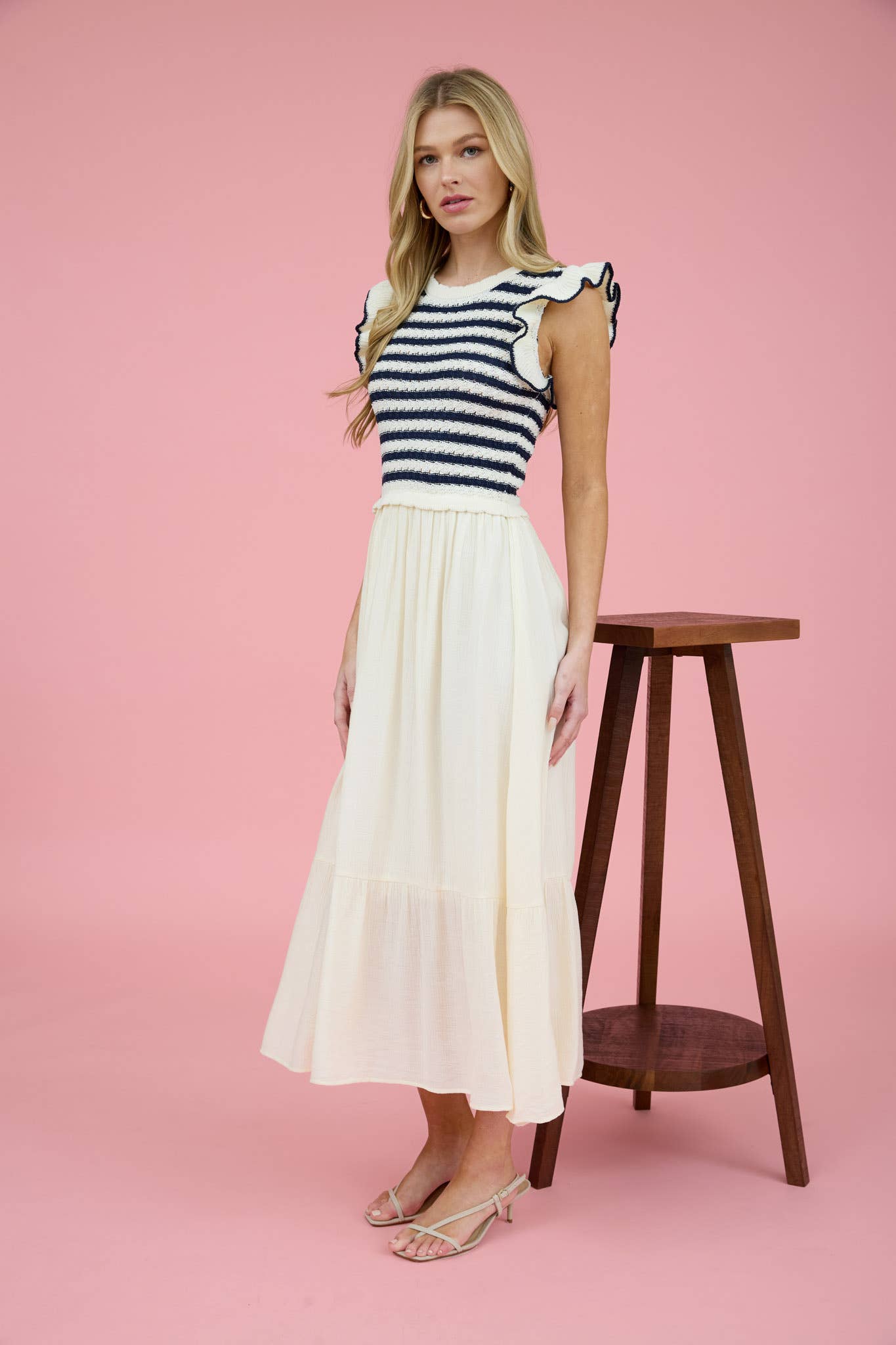 STRIPE SWEATER TOP MIXED MEDIA MIDI DRESS: NAVY