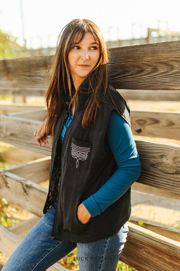 Black Puffer W Aztec Lining Boot Stitch Detail Vest