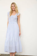 STRIPE SMOCKED RUFFLE TRIM MIDI DRESS