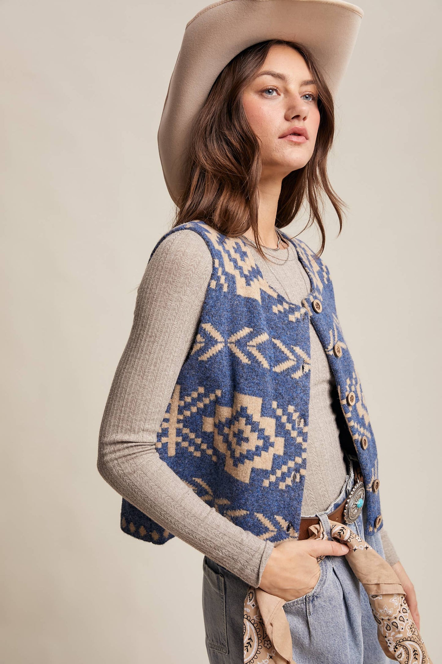 Listicle - Southwestern Button-Up Wool Vest: Amber Brown / M