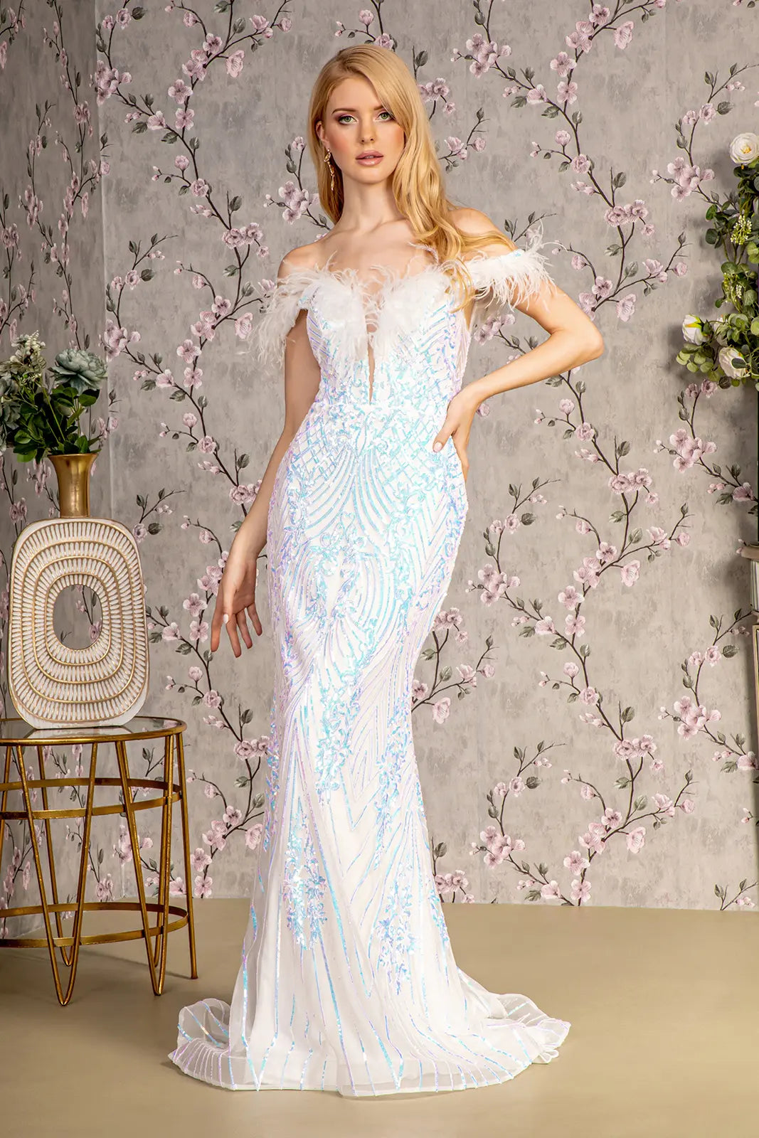 Feather sequin illusion sweetheart mesh mermaid long dress GLGL3284