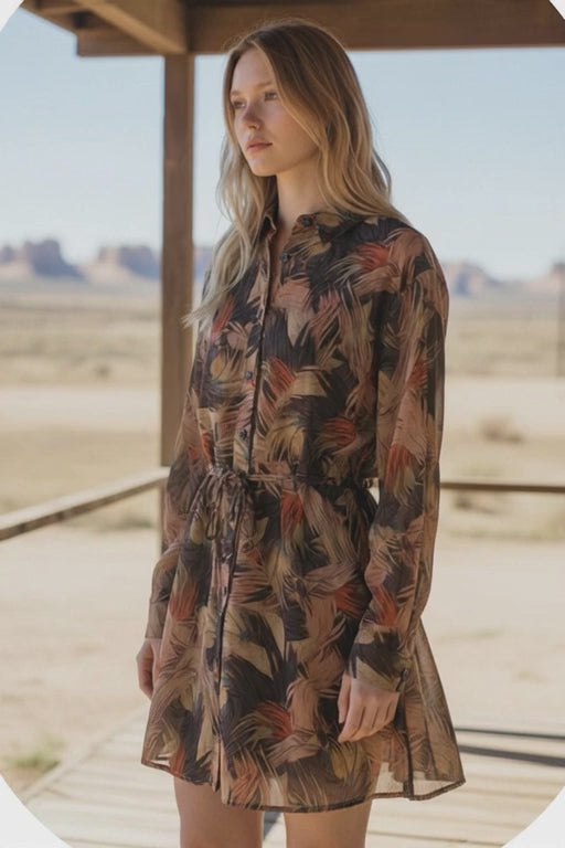 Abstract-Print Belted Button-Up Shirt Romper